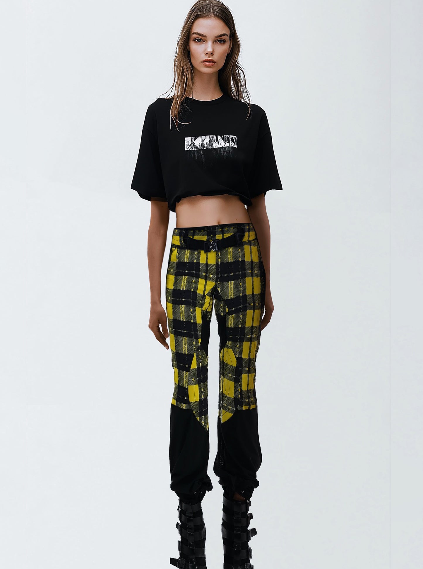 BELTED COMBO PLAID PANT