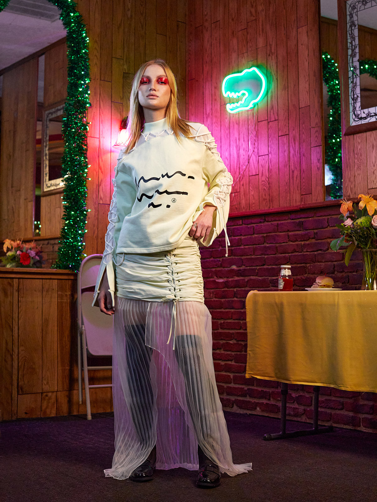 COMBO LACE SCRIPTED MOCK SWEATER
