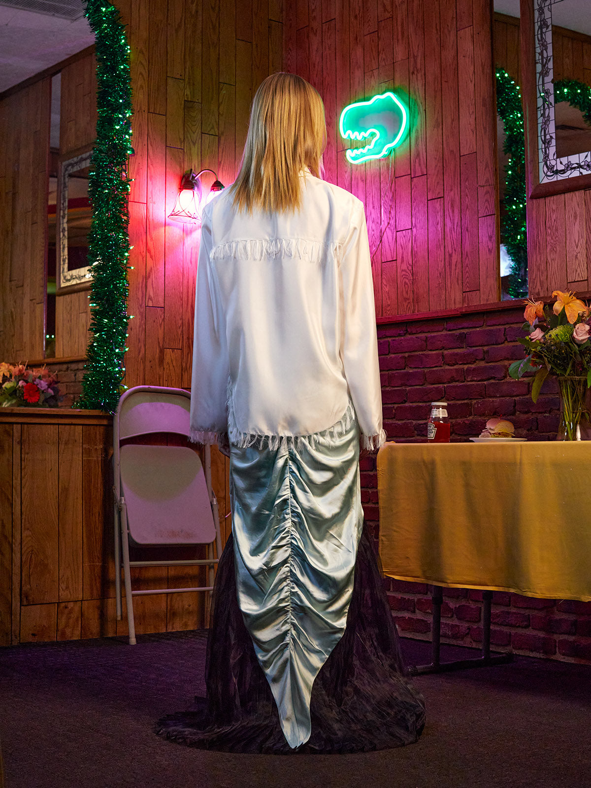 MIXED MEDIA ROUCHED FLOOR LENGHT SKIRT