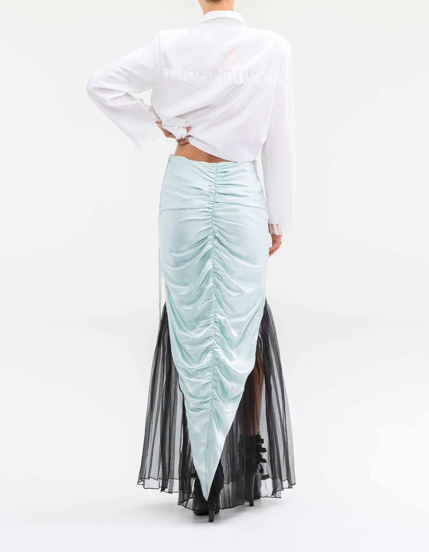 MIXED MEDIA ROUCHED FLOOR LENGHT SKIRT