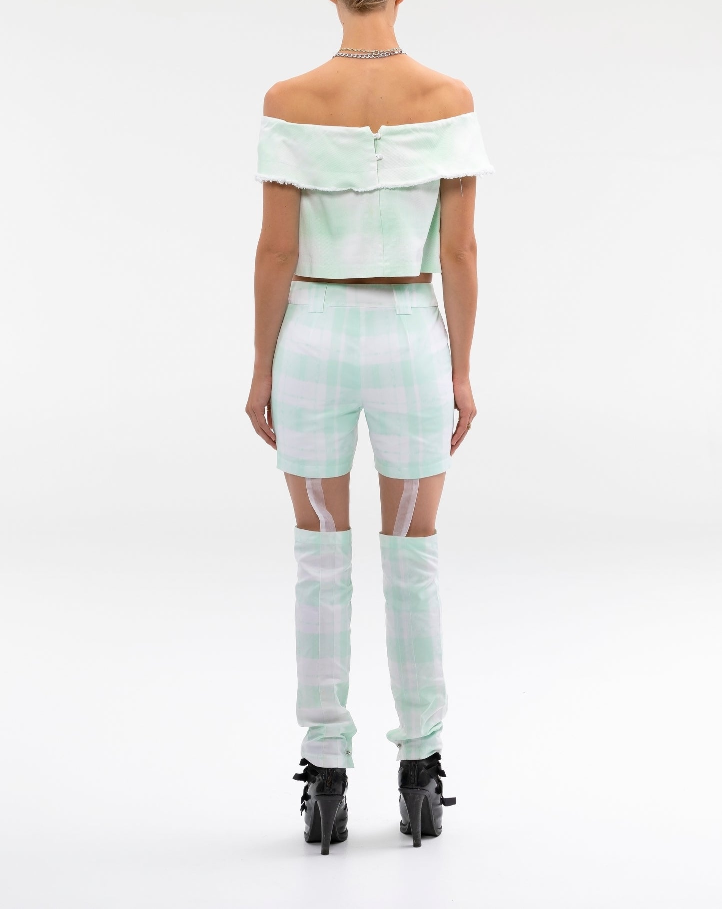 OTS LACE FRONT PLAID DENIM TOP