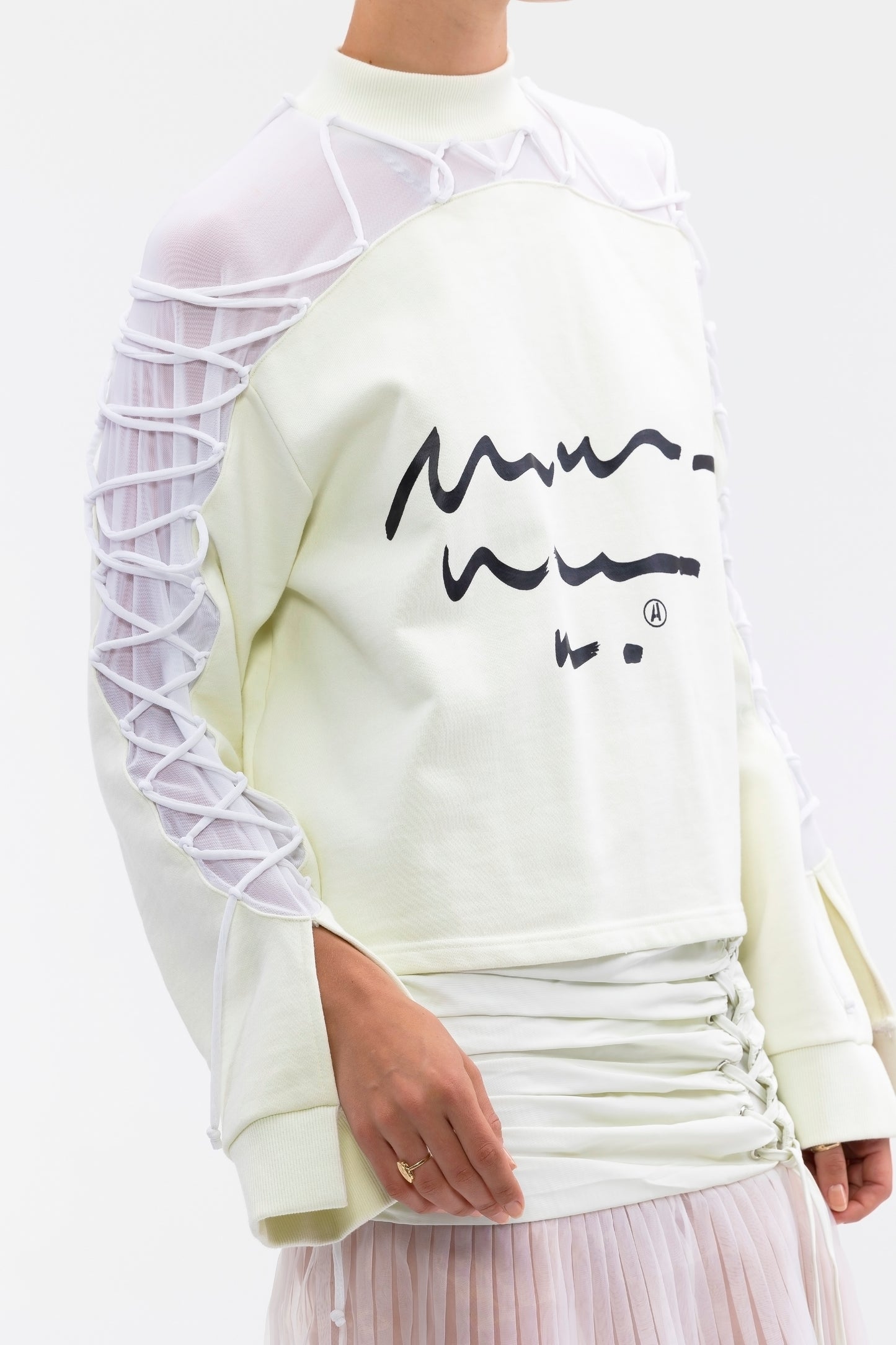 COMBO LACE SCRIPTED MOCK SWEATER