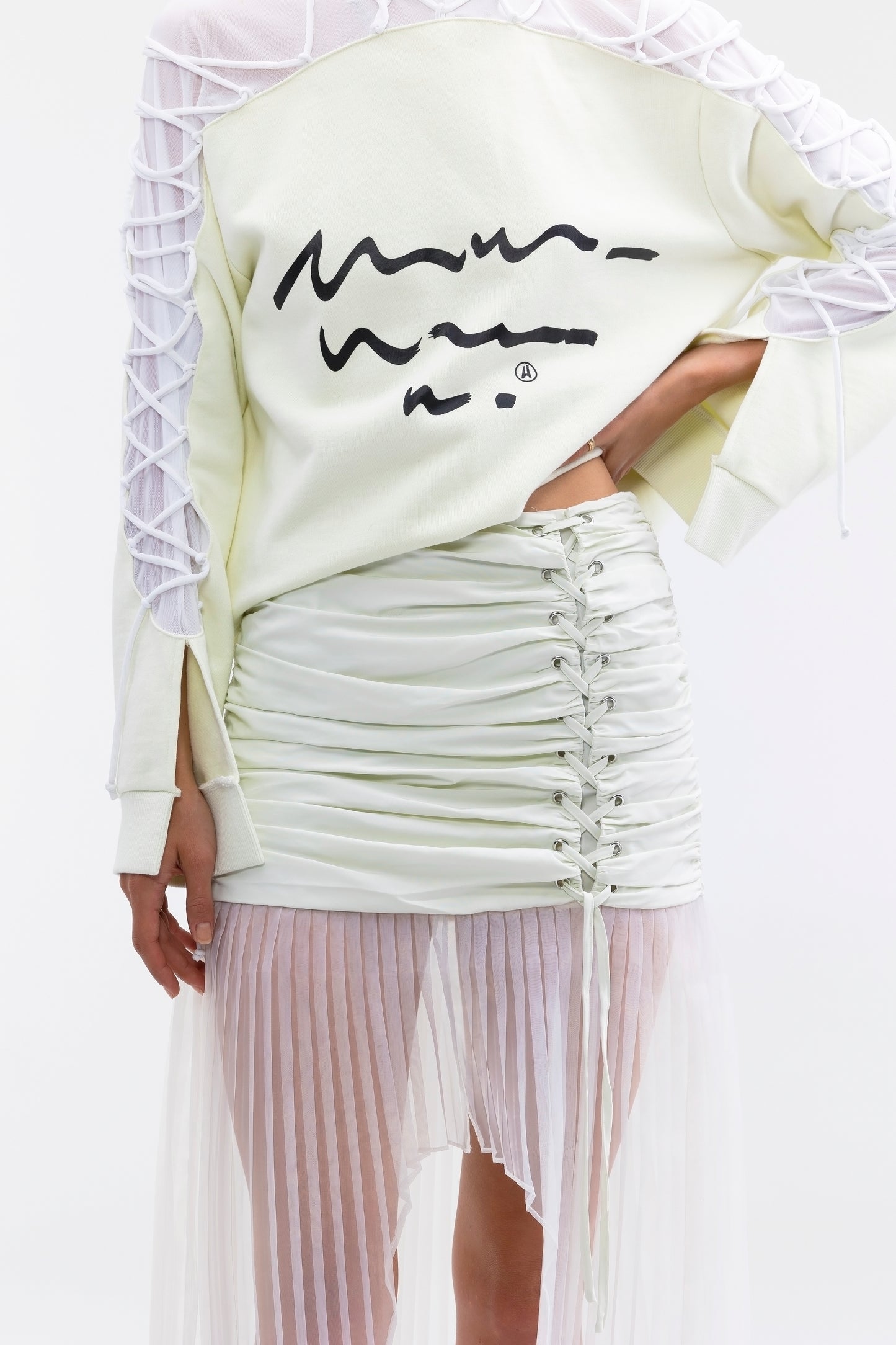 COMBO LACE SCRIPTED MOCK SWEATER