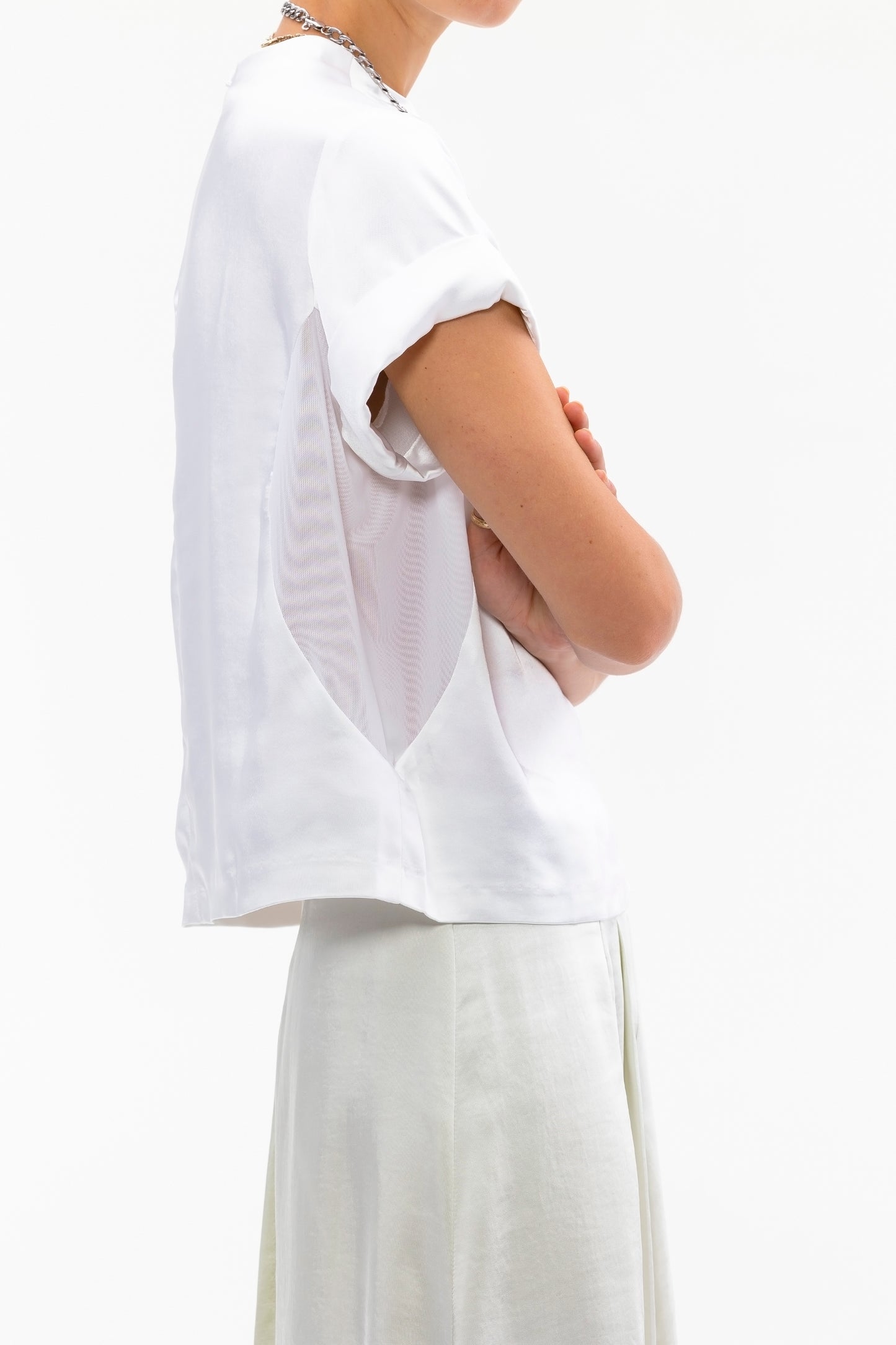MIXED MEDIA MOCK NECK ROLL TEE
