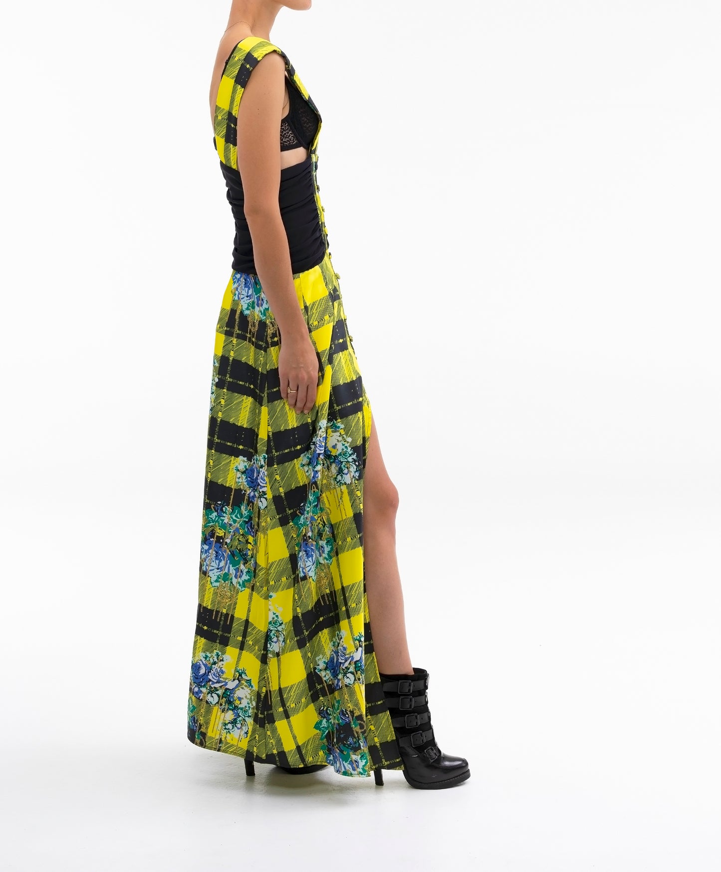 FLOOR LENGTH BOUQUET PLAID DRESS