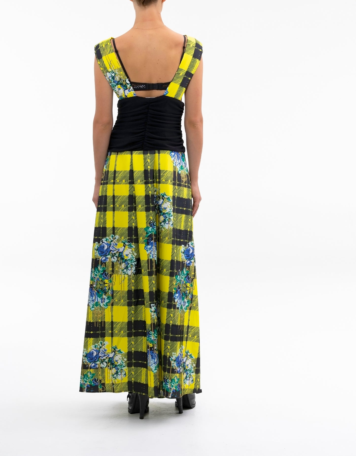 FLOOR LENGTH BOUQUET PLAID DRESS