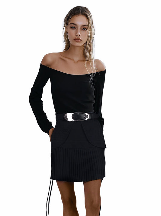 BELTED SHORT PLEAT SKIRT