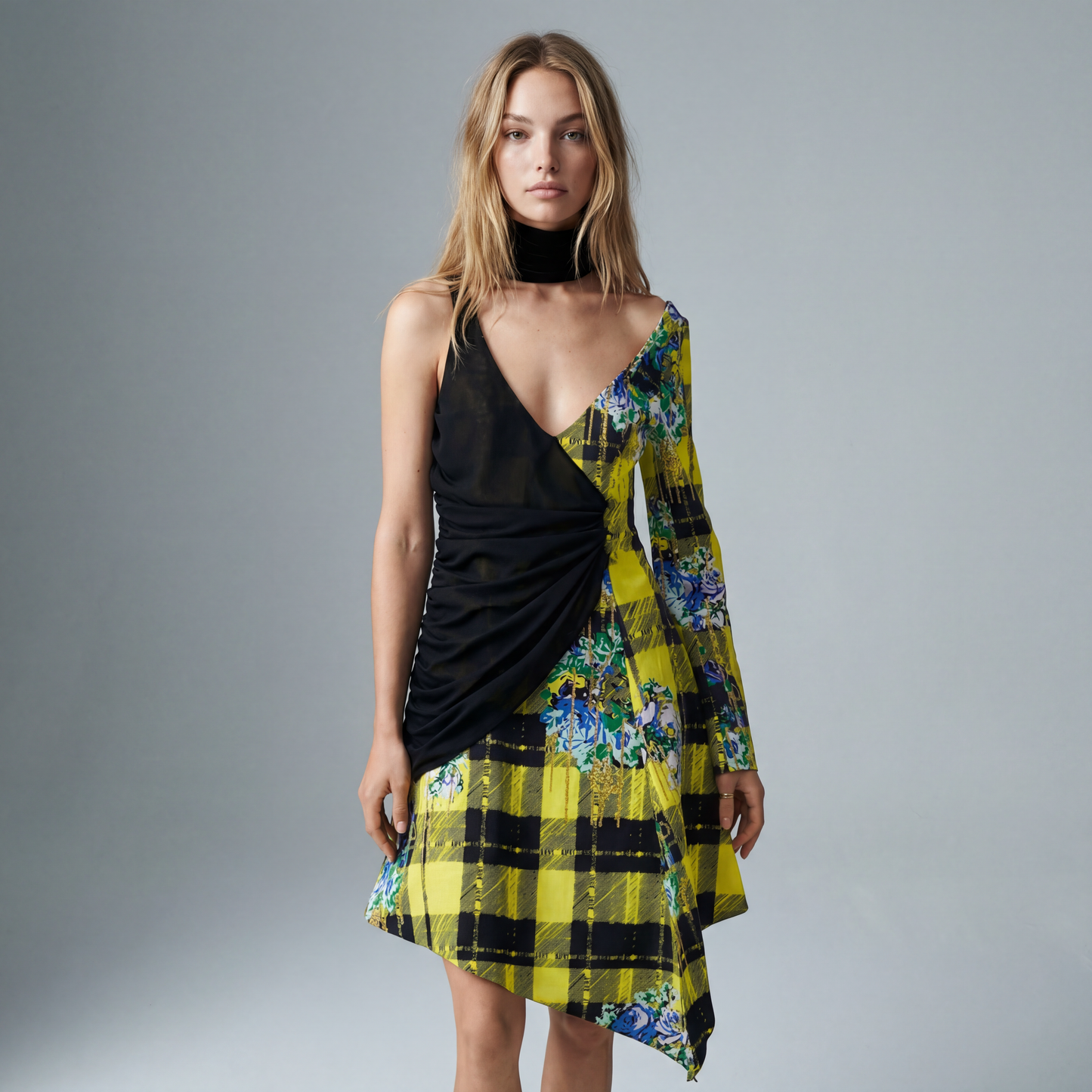 PRINT BLOCKED ASYM COMBO DRESS