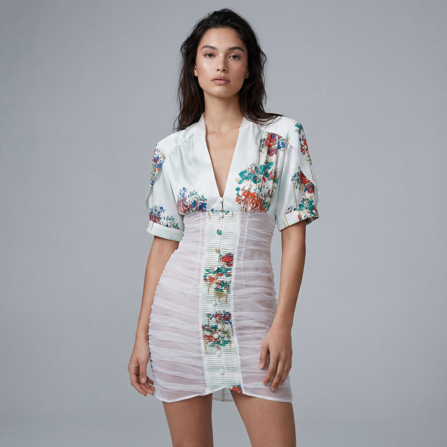 PRINTED SHEER BODY CON DRESS