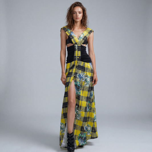 FLOOR LENGTH BOUQUET PLAID DRESS
