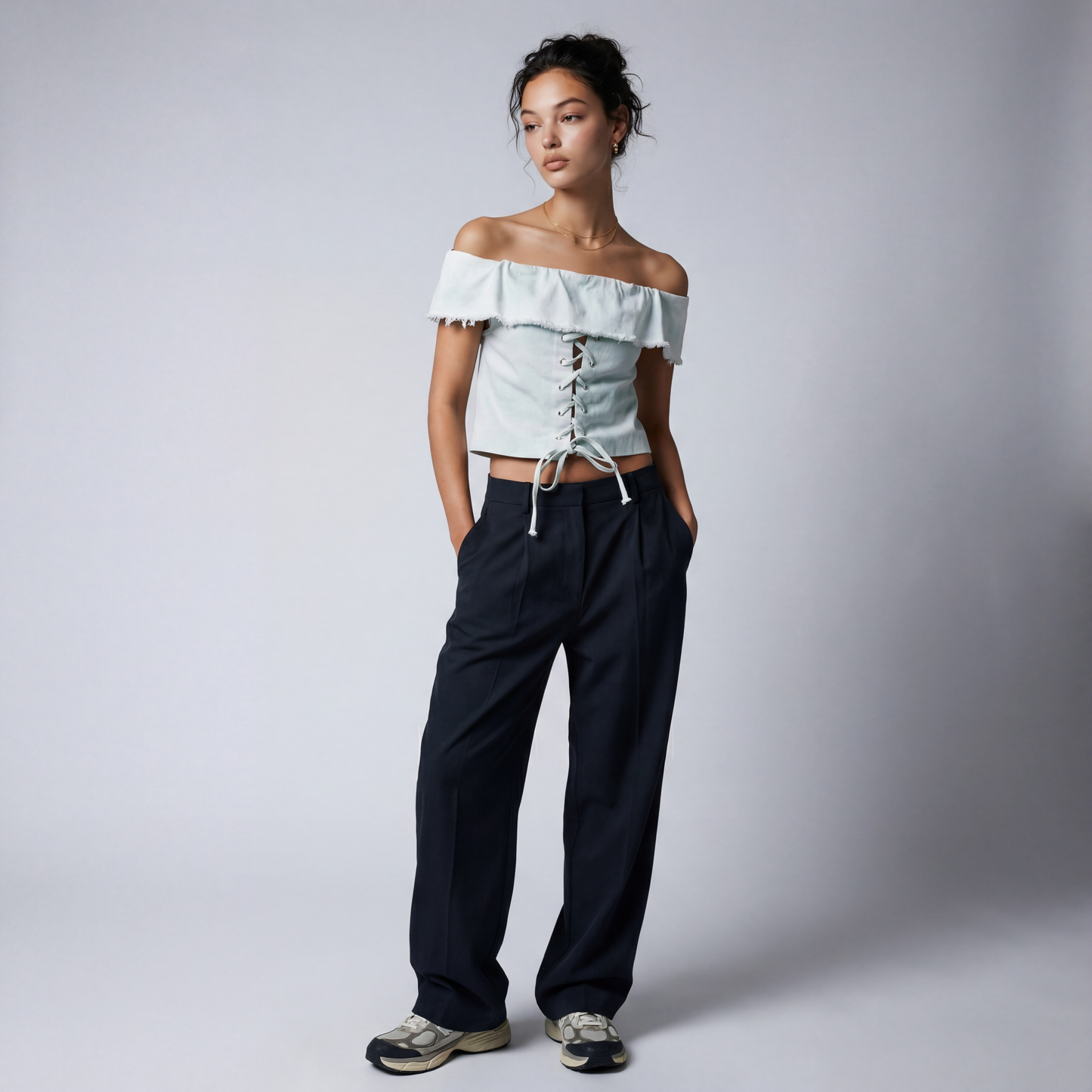 OTS LACE FRONT PLAID DENIM TOP - Borrow