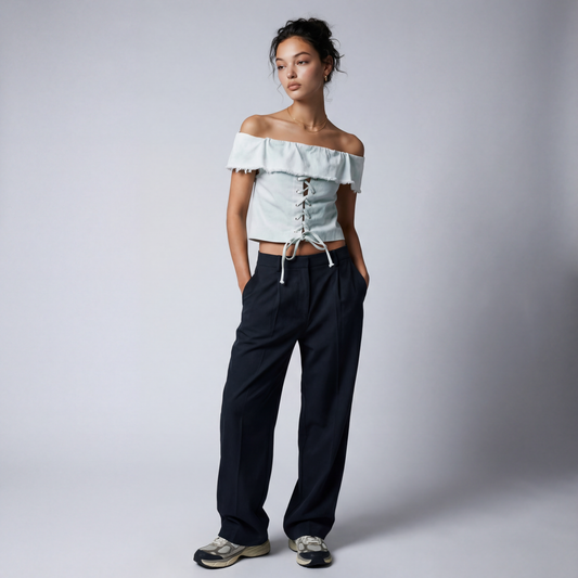 OTS LACE FRONT PLAID DENIM TOP