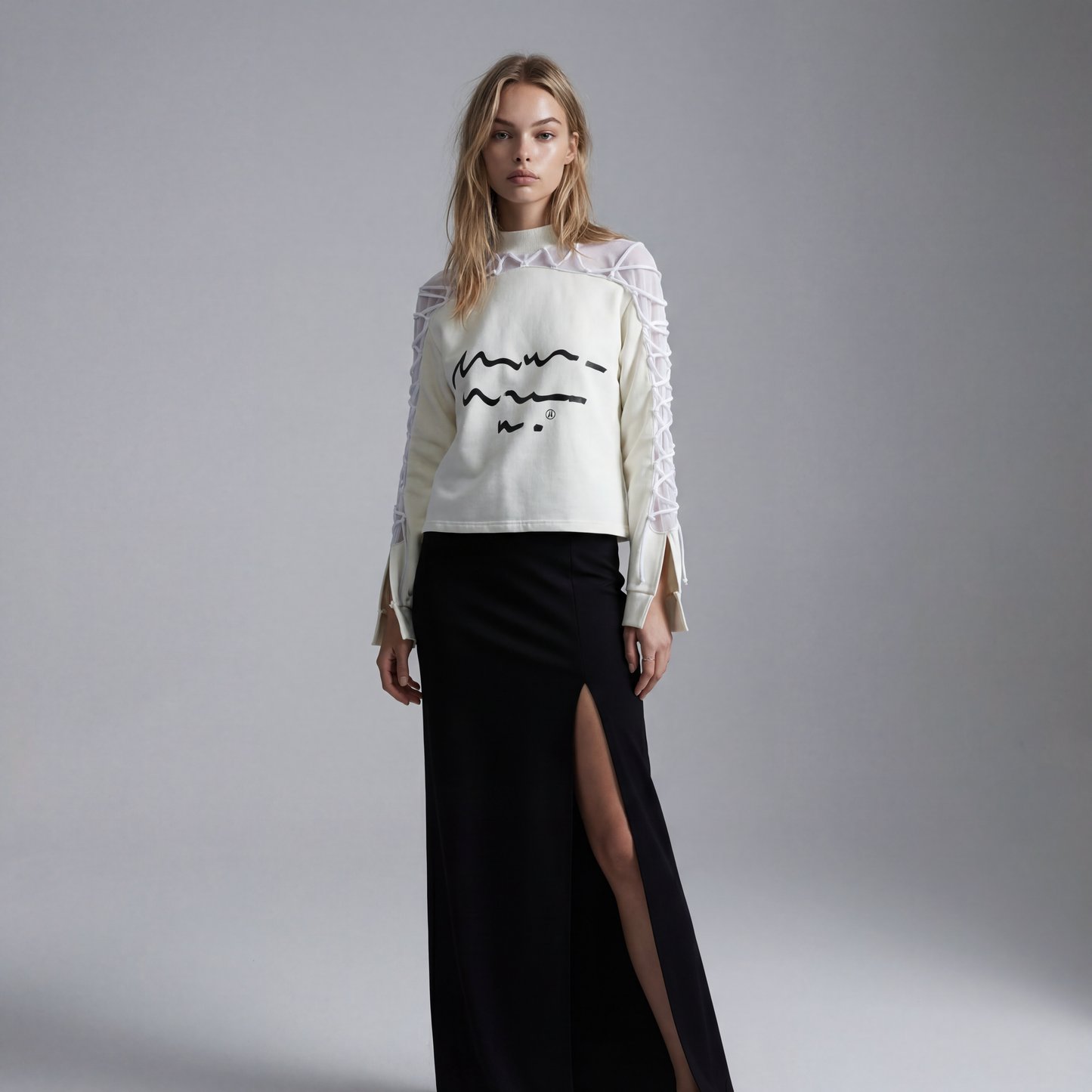 COMBO LACE SCRIPTED MOCK SWEATER