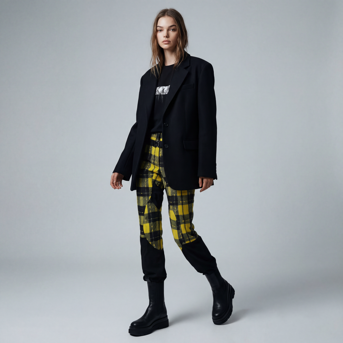 BELTED COMBO PLAID PANT