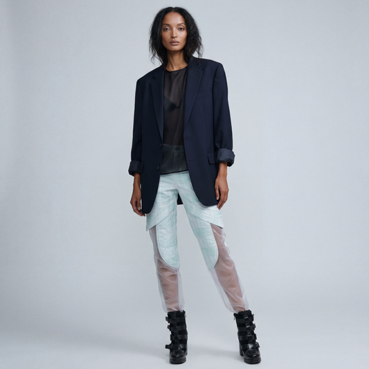 MIXED MEDIA PLAID QUILTED TROUSER