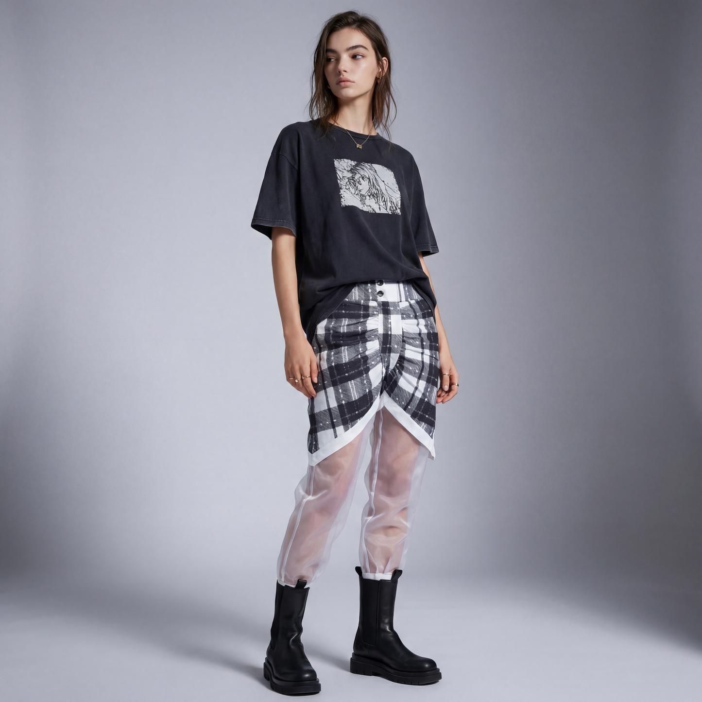 MIXED MEDIA ROUCHED PLAID PANT