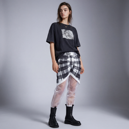 MIXED MEDIA ROUCHED PLAID PANT