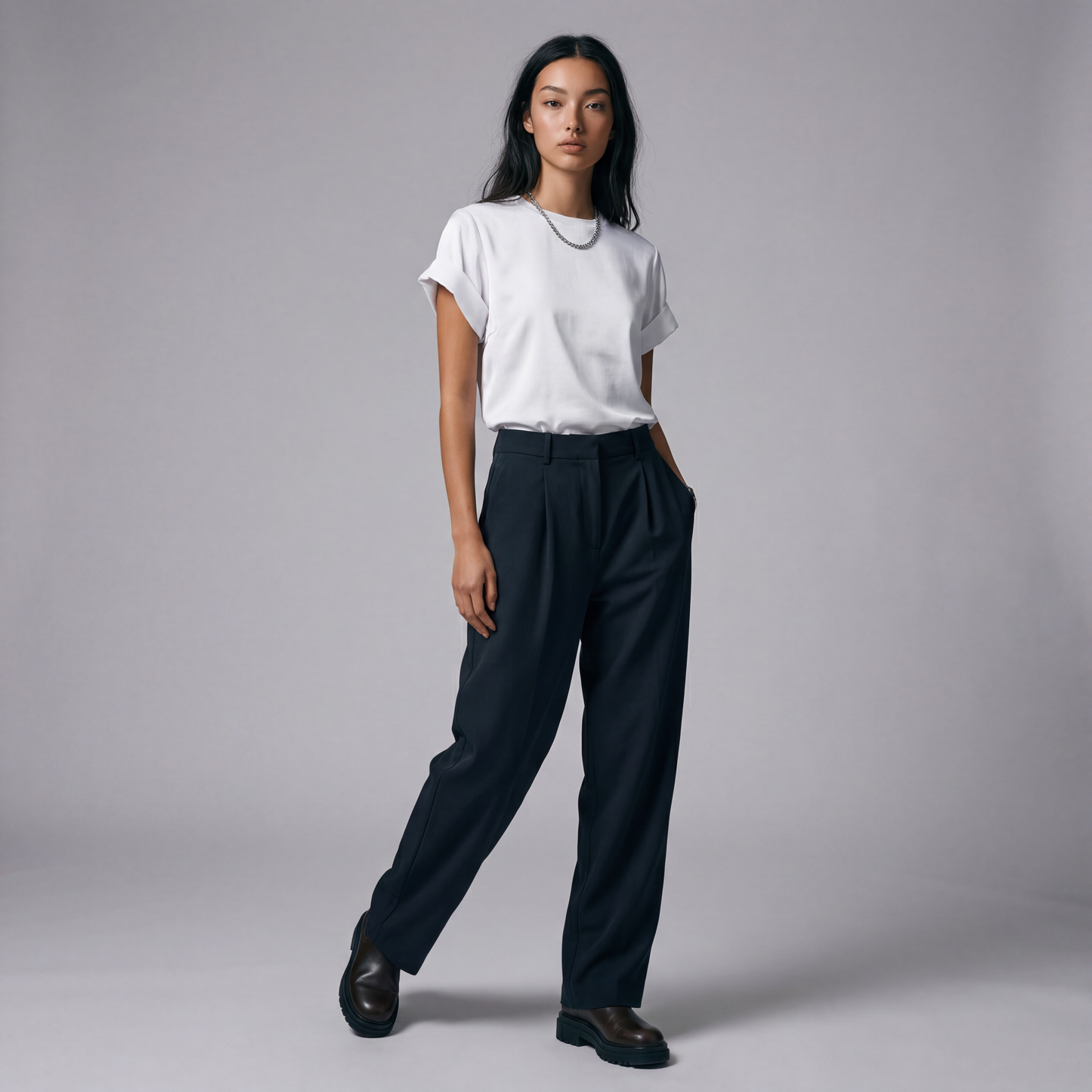 MIXED MEDIA MOCK NECK ROLL TEE