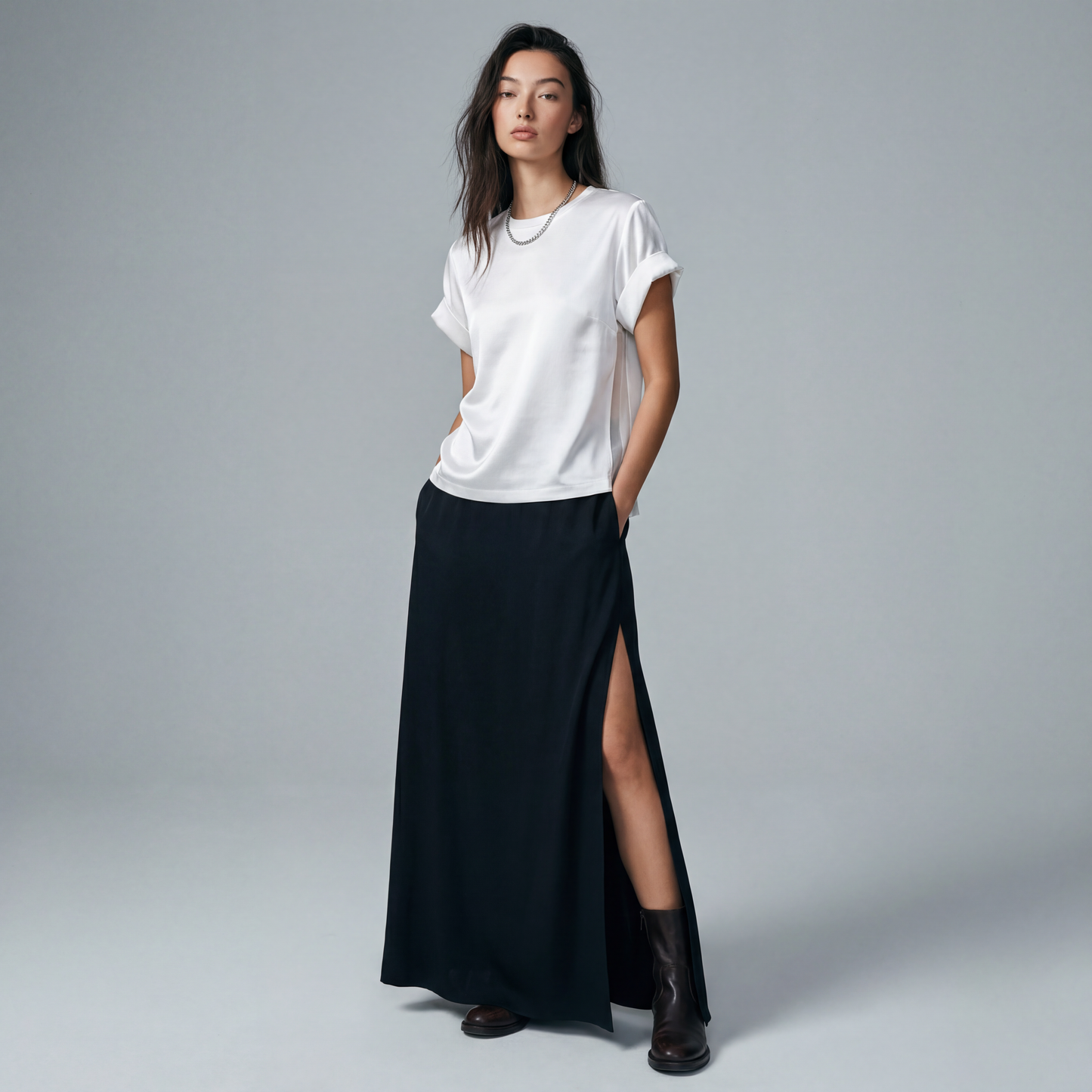 MIXED MEDIA MOCK NECK ROLL TEE