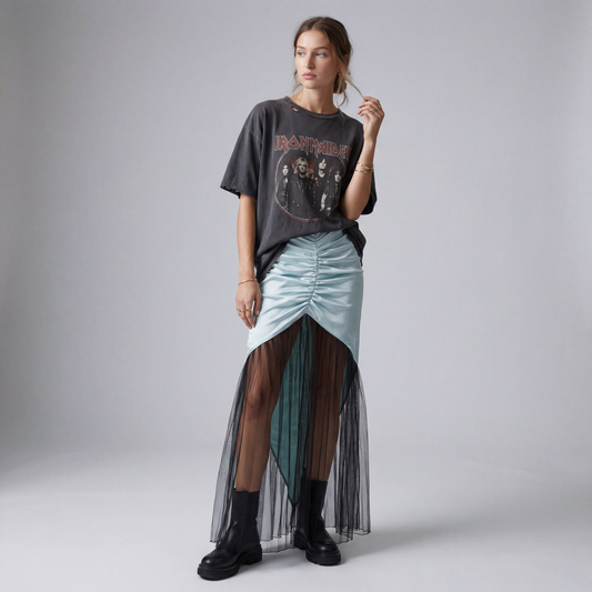 MIXED MEDIA ROUCHED FLOOR LENGHT SKIRT