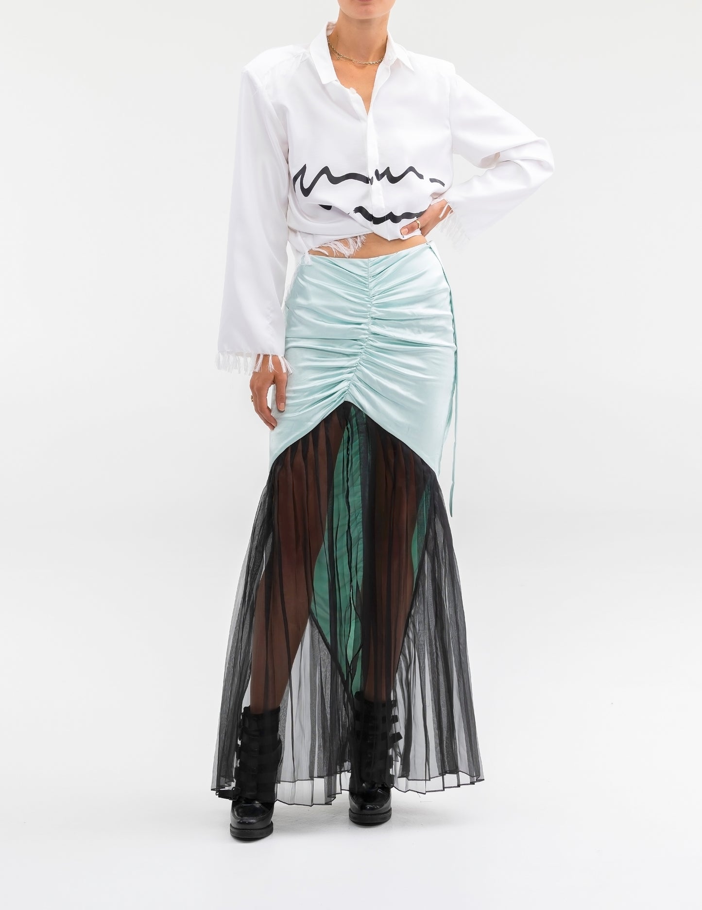 MIXED MEDIA ROUCHED FLOOR LENGHT SKIRT