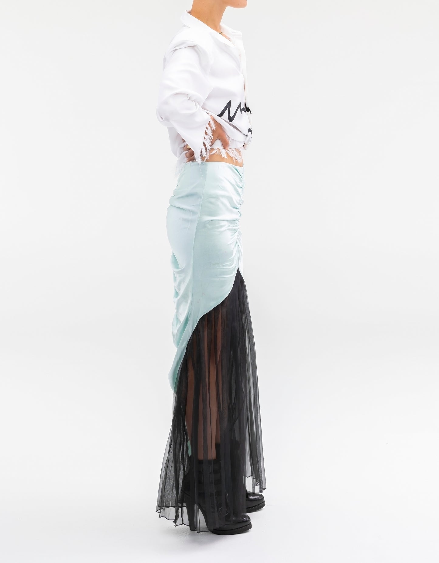 MIXED MEDIA ROUCHED FLOOR LENGHT SKIRT