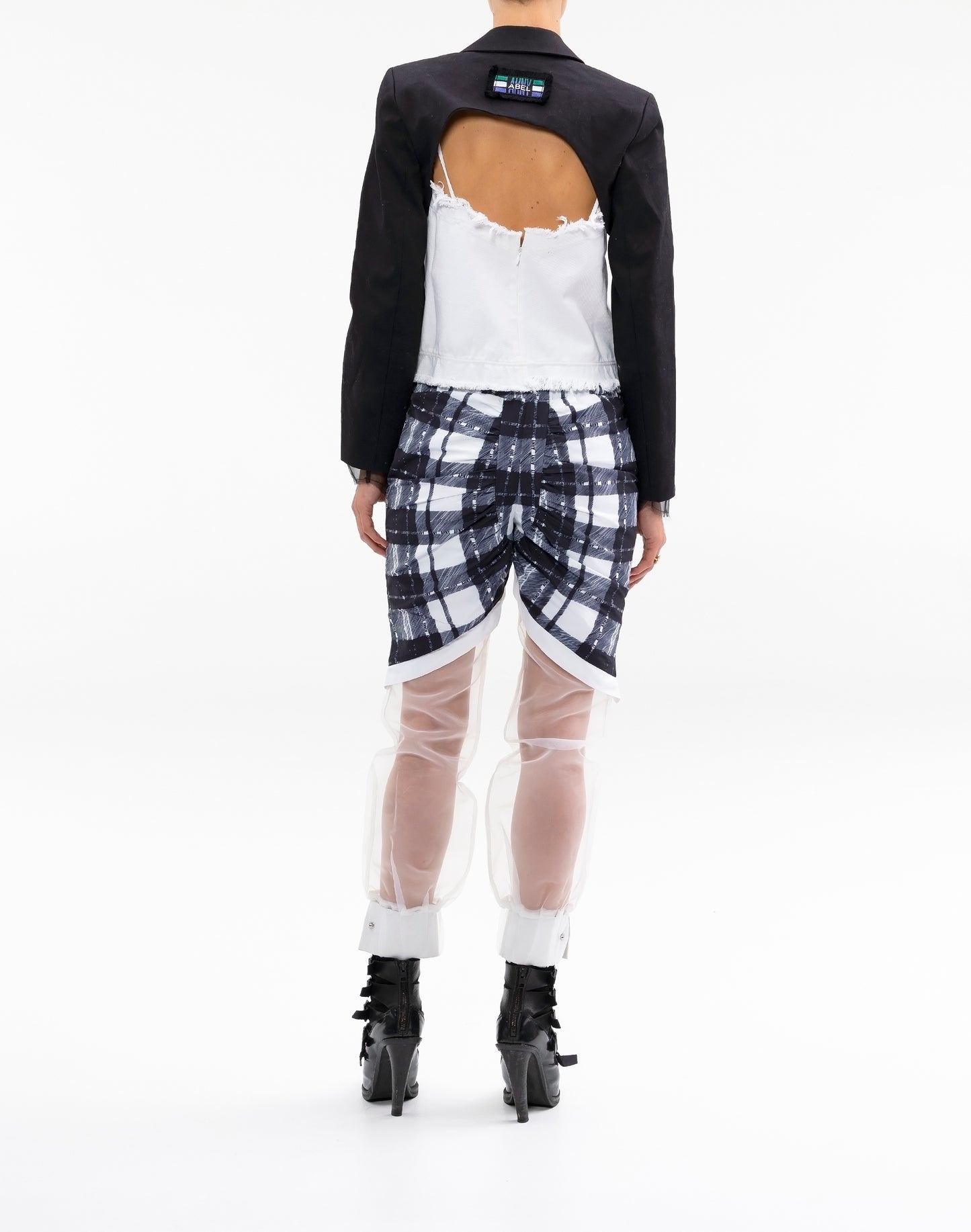 MIXED MEDIA ROUCHED PLAID PANT