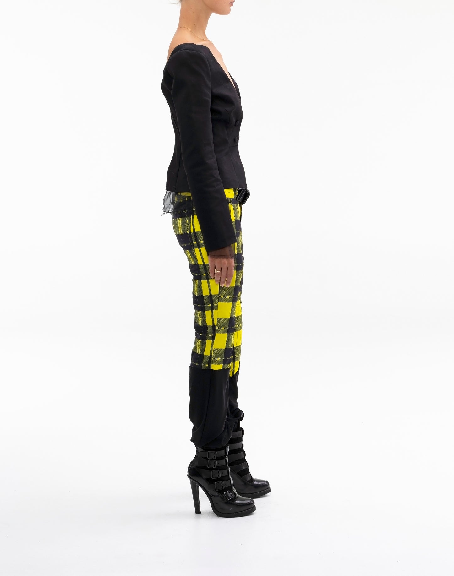 BELTED COMBO PLAID PANT