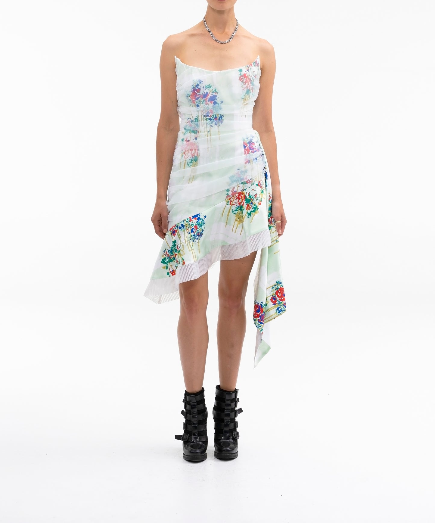 ASYM STRAPLESS PRINTED DRESS