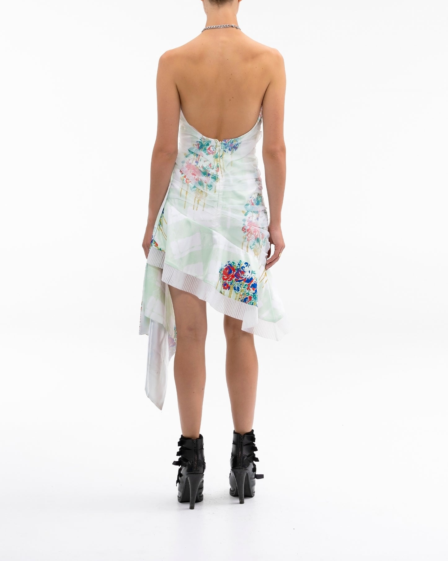 ASYM STRAPLESS PRINTED DRESS