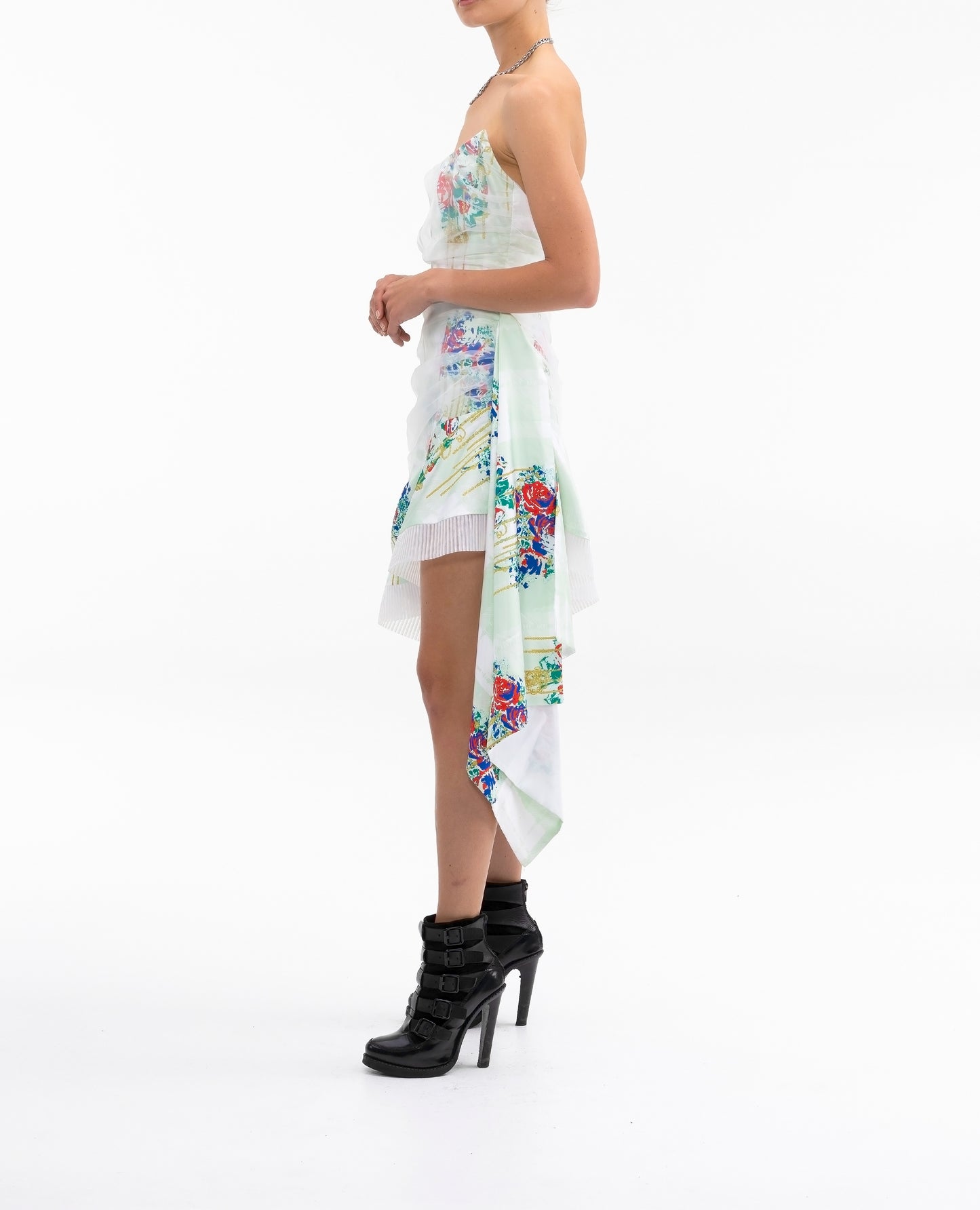 ASYM STRAPLESS PRINTED DRESS